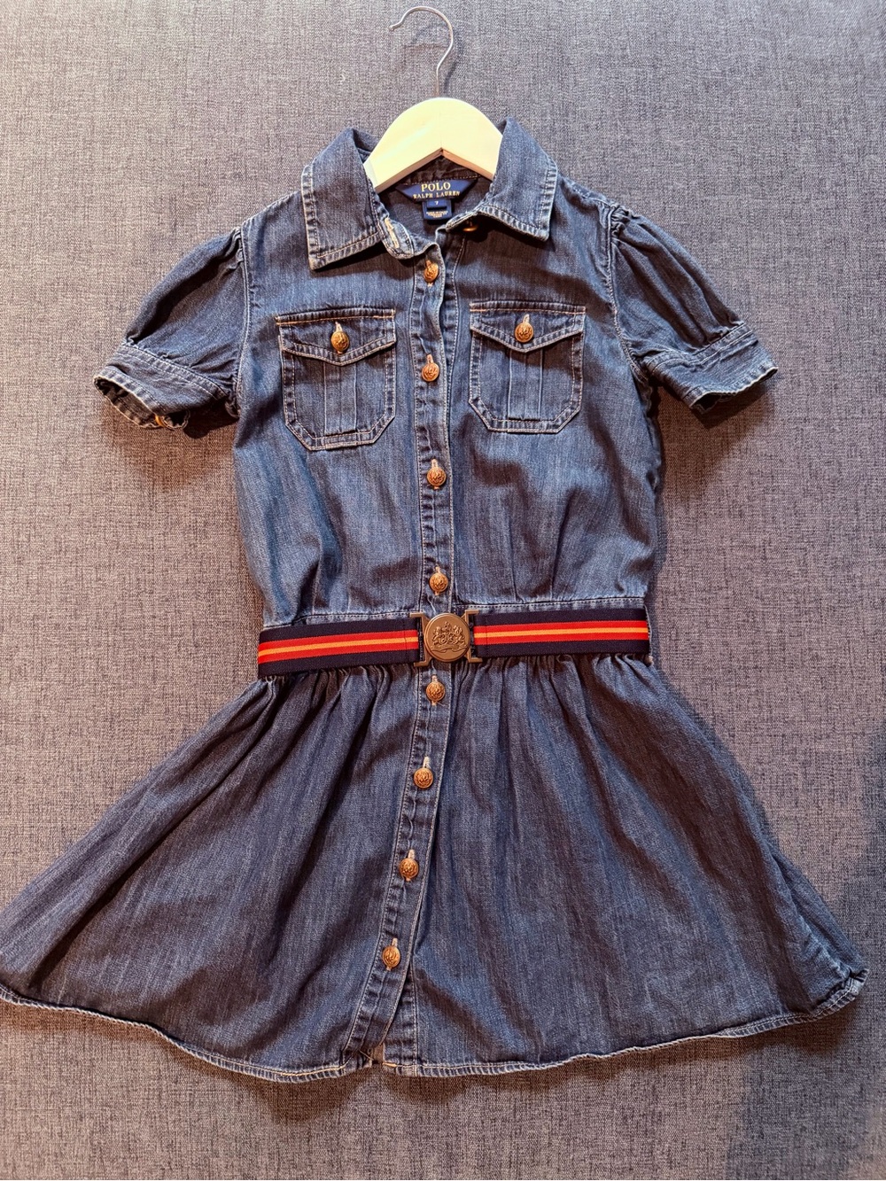 Polo by Ralph Lauren Girls Blue Denim Button-Front Dress with Striped Belt